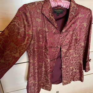 Chinese Silk Floral Rose Silk Button-up Blouse, 3/4 length sleeves, size small